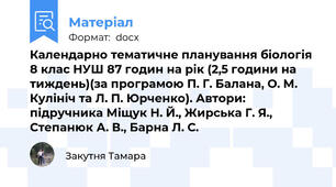 Календарно тематичне планування біологія 8 клас НУШ 87 годин на рік (2,5 години на тиждень)(за програмою П. Г. Балана, О. М. Кулініч та Л. П. Юрченко). Автори: підручника Міщук Н. Й., Жирська Г. Я., Степанюк А. В., Барна Л. С.