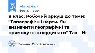 8 клас. Робочий аркуш до теми: "Топографічні карти. Як визначити географічні та прямокутні координати" Так - Ні