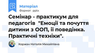 Семінар - практикум для педагогів  "Емоції та почуття дитини з ООП, ії поведінка. Практичні техніки".