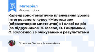Календарно-тематичне планування уроків інтегрованого курсу «Мистецтво» (образотворче мистецтво)в 1 класі на рік (за підручником Л. Масол, О. Гайдамаки, О. Колотило ) з очікуваними результатами