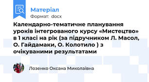 Календарно-тематичне планування уроків інтегрованого курсу «Мистецтво» в 1 класі на рік (за підручником Л. Масол, О. Гайдамаки, О. Колотило ) з очікуваними результатами
