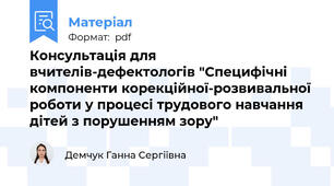Консультація для вчителів-дефектологів "Специфічні компоненти корекційної-розвивальної роботи у процесі трудового навчання дітей з порушенням зору"