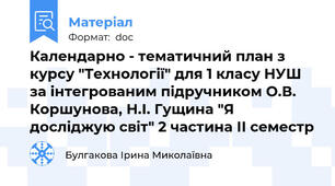 Календарно - тематичний план з курсу "Технології" для 1 класу НУШ за інтегрованим підручником О.В. Коршунова, Н.І. Гущина "Я досліджую світ" 2 частина ІІ семестр