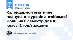 Календарно-тематичне планування уроків англійської мови  на ІІ семестр для 10 класу. 2 год/тиждень