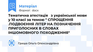 Тематична атестація   з української мови у 10 класі за темою " СПРОЩЕННЯ .ПОДВОЄННЯ ЛІТЕР НА ПОЗНАЧЕННЯ ПРИГОЛОСНИХ В СЛОВАХ ІНШОМОВНОГО ПОХОДЖЕННЯ"