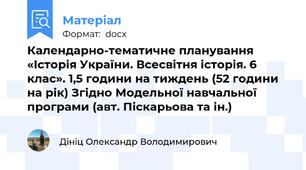 Календарно-тематичне планування «Історія України. Всесвітня історія. 6 клас». 1,5 години на тиждень (52 години на рік) Згідно Модельної навчальної програми (авт. Піскарьова та ін.)