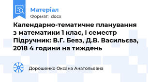 Календарно-тематичне планування з математики 1 клас, І семестр  Підручник: В.Г. Бевз, Д.В. Васильєва, 2018 4 години на тиждень