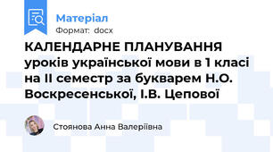 КАЛЕНДАРНЕ ПЛАНУВАННЯ уроків української мови в 1 класі на ІІ семестр за букварем Н.О. Воскресенської, І.В. Цепової
