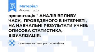 презентація " АНАЛІЗ ВПЛИВУ ЧАСУ,  ПРОВЕДЕНОГО В ІНТЕРНЕТІ, НА НАВЧАЛЬНІ РЕЗУЛЬТАТИ УЧНІВ:  ОПИСОВА СТАТИСТИКА, ВІЗУАЛІЗАЦІЯ;