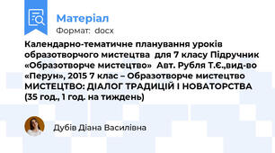 Календарно-тематичне планування уроків образотворчого мистецтва  для 7 класу Підручник «Образотворче мистецтво»  Авт. Рубля Т.Є.,вид-во «Перун», 2015 7 клас – Образотворче мистецтво МИСТЕЦТВО: ДІАЛОГ ТРАДИЦІЙ І НОВАТОРСТВА  (35 год., 1 год. на тиждень)