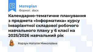 Календарно-тематичне планування з предмета «Інформатика» курсу інваріантної складової робочого навчального плану у 6 класі на 2025/2026 навчальний рік