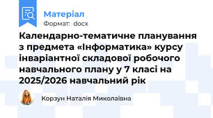 Календарно-тематичне планування з предмета «Інформатика» курсу інваріантної складової робочого навчального плану у 7 класі на 2025/2026 навчальний рік