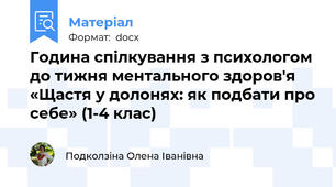 Година спілкування з психологом до тижня ментального здоров'я  «Щастя у долонях: як подбати про себе» (1-4 клас)