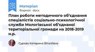 План роботи методичного об’єднання спеціалістів соціально-психологічної служби Мологівської об’єднаної територіальної громади на 2018-2019 н.р.