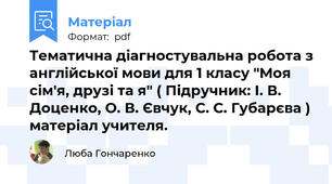 Тематична діагностувальна робота з англійської мови для 1 класу "Моя сім'я, друзі та я" ( Підручник: І. В. Доценко, О. В. Євчук, С. С. Губарєва ) матеріал учителя.