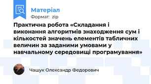 Практична робота «Складання і виконання алгоритмів знаходження сум і кількостей значень елементів табличних величин за заданими умовами у навчальному середовищі програмування»