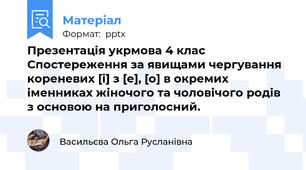 Презентація укрмова 4 клас Спостереження за явищами чергування кореневих [і] з [е], [о] в окремих іменниках жіночого та чоловічого родів з основою на приголосний.