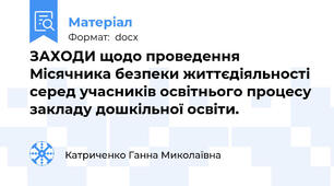 ЗАХОДИ щодо проведення Місячника безпеки життєдіяльності  серед учасників освітнього процесу  закладу дошкільної освіти.