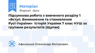 Підсумкова робота з вивченого розділу 1 «Вступ. Виникнення та становлення Русі-України»  історія України 7 клас НУШ за групами результатів (Щупак)