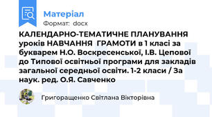 КАЛЕНДАРНО-ТЕМАТИЧНЕ ПЛАНУВАННЯ уроків НАВЧАННЯ  ГРАМОТИ в 1 класі за букварем Н.О. Воскресенської, І.В. Цепової до Типової освітньої програми для закладів загальної середньої освіти. 1-2 класи / За наук. ред. О.Я. Савченко