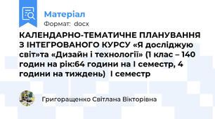 КАЛЕНДАРНО-ТЕМАТИЧНЕ ПЛАНУВАННЯ  З ІНТЕГРОВАНОГО КУРСУ «Я досліджую світ»та «Дизайн і технології» (1 клас – 140 годин на рік:64 години на І семестр, 4 години на тиждень)  І семестр