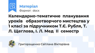 Календарно-тематичне  планування уроків   образотворчого мистецтва у 1 класі за підручником Т.Є. Рубля, Т. Л. Щеглова, І. Л. Мед  ІІ  семестр