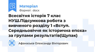 Всесвітня історія 7 клас НУШ.Підсумкова робота з вивченого розділу 1 «Вступ. Середньовіччя як історична епоха»  за групами результатів(Щупак)