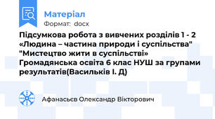 Підсумкова робота з вивчених розділів 1 - 2  «Людина – частина природи і суспільства" "Мистецтво жити в суспільстві» Громадянська освіта 6 клас НУШ за групами результатів(Васильків І. Д)