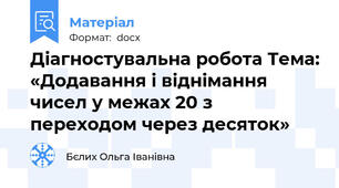 Діагностувальна робота Тема: «Додавання і віднімання чисел у межах 20 з переходом через десяток»