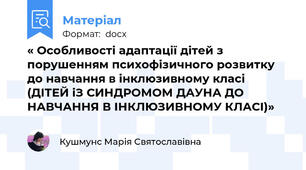 « Особливості адаптації дітей з порушенням психофізичного розвитку до навчання в інклюзивному класі (ДІТЕЙ іЗ СИНДРОМОМ ДАУНА ДО НАВЧАННЯ В ІНКЛЮЗИВНОМУ КЛАСІ)»