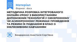 МЕТОДИЧНА РОЗРОБКА ІНТЕГРОВАНОГО ОНЛАЙН-УРОКУ З ВИКОРИСТАННЯМ ДОПОМІЖНИХ ТЕХНОЛОГІЙ У СИНХРОННОМУ ЧИ АСИНХРОННОМУ РЕЖИМАХ ПРОВЕДЕННЯ ТА РЕЖИМІ ЇХ ПОДНАННЯ В КЛАСІ З ІНКЛЮЗИВНИМ НАВЧАННЯМ