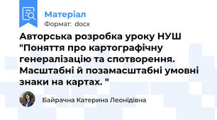 Авторська розробка уроку НУШ "Поняття про картографічну генералізацію та спотворення. Масштабні й позамасштабні умовні знаки на картах. "
