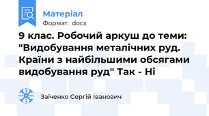 9 клас. Робочий аркуш до теми: "Видобування металічних руд. Країни з найбільшими обсягами видобування руд" Так - Ні