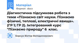 Діагностична підсумкова робота з теми «Пізнаємо світ науки. Пізнаємо фізичні, теплові, електричні явища». (ГР 1; ГР 2). Інтегрований курс "Пізнаємо природу" 6  клас.