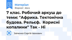 7 клас. Робочий аркуш до теми: "Африка. Тектонічна будова. Рельєф.  Корисні копалини" Так - Ні