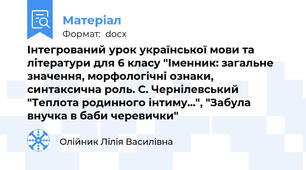 Інтегрований урок української мови та літератури для 6 класу "Іменник: загальне значення, морфологічні ознаки, синтаксична роль. С. Чернілевський "Теплота родинного інтиму...", "Забула внучка в баби черевички"