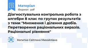Діагностувальна контрольна робота з алгебри 8 клас по групах результатів з теми "Множення і ділення дробів. Перетворення раціональних виразів. Раціональні рівняння"