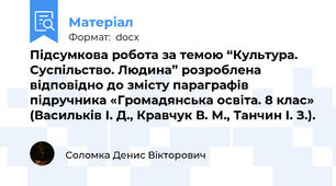 Підсумкова робота за темою “Культура. Суспільство. Людина” розроблена відповідно до змісту параграфів  підручника «Громадянська освіта. 8 клас» (Васильків І. Д., Кравчук В. М., Танчин І. З.).