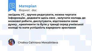 засідань УС , зручно редагувати, можна чертати інформацію , додавати щось своє , залучати молодь до мозкової робити, диспутувати, відстоювати свою думку , креативити та бути у тренді серед учнівської молоді та мати успішність карєрного зростання