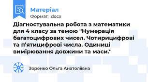 Діагностувальна робота з математики для 4 класу за темою "Нумерація багатоцифрових чисел. Чотирицифрові та п’ятицифрові числа. Одиниці вимірювання довжини та маси."