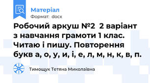 Робочий аркуш №2  2 варіант з навчання грамоти 1 клас. Читаю і пишу. Повторення букв а, о, у, и, і, е, л, м, н, к, в, п.