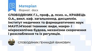 СЛОБОДЯНИК Г.І., проф., д. псих. н., КРАВЕЦЬ О.А., викл. каф. загальномед. дисциплін. Інститут медичних та фармацевтичних наук МАУП.М'язові тканини: види, макро- і мікроскопічна будова, механізми скорочення і розслаблення та їх регуляція.