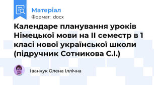 Календаре планування уроків Німецької мови на ІІ семестр в 1 класі нової української школи (підручник Сотникова С.І.)
