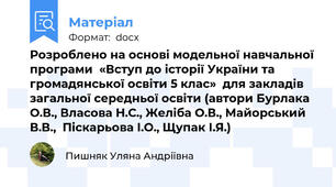 Розроблено на основі модельної навчальної програми  «Вступ до історії України та громадянської освіти 5 клас»  для закладів загальної середньої освіти (автори Бурлака О.В., Власова Н.С., Желіба О.В., Майорський В.В.,  Піскарьова І.О., Щупак І.Я.)