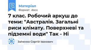 7 клас. Робочий аркуш до теми: "Австралія. Загальні риси клімату. Поверхневі та підземні води" Так - Ні