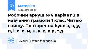 Робочий аркуш №4 варіант 2 з навчання грамоти 1 клас. Читаю і пишу. Повторення букв а, о, у, и, і, е, л, м, н, к, в, п,р, т,д.