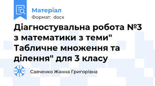 Діагностувальна робота №3 з математики з теми" Табличне множення та ділення" для 3 класу