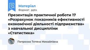 Презентація практичної роботи 17 «Розрахунок показників ефективності економічної діяльності підприємства» з навчальної дисципліни «Статистика»