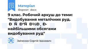 9 клас. Робочий аркуш до теми: "Видобування металічних руд. Країни з найбільшими обсягами видобування руд"