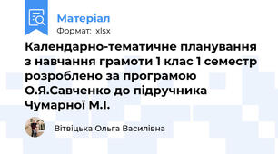 Календарно-тематичне планування з навчання грамоти 1 клас 1 семестр розроблено за програмою О.Я.Савченко до підручника Чумарної М.І.